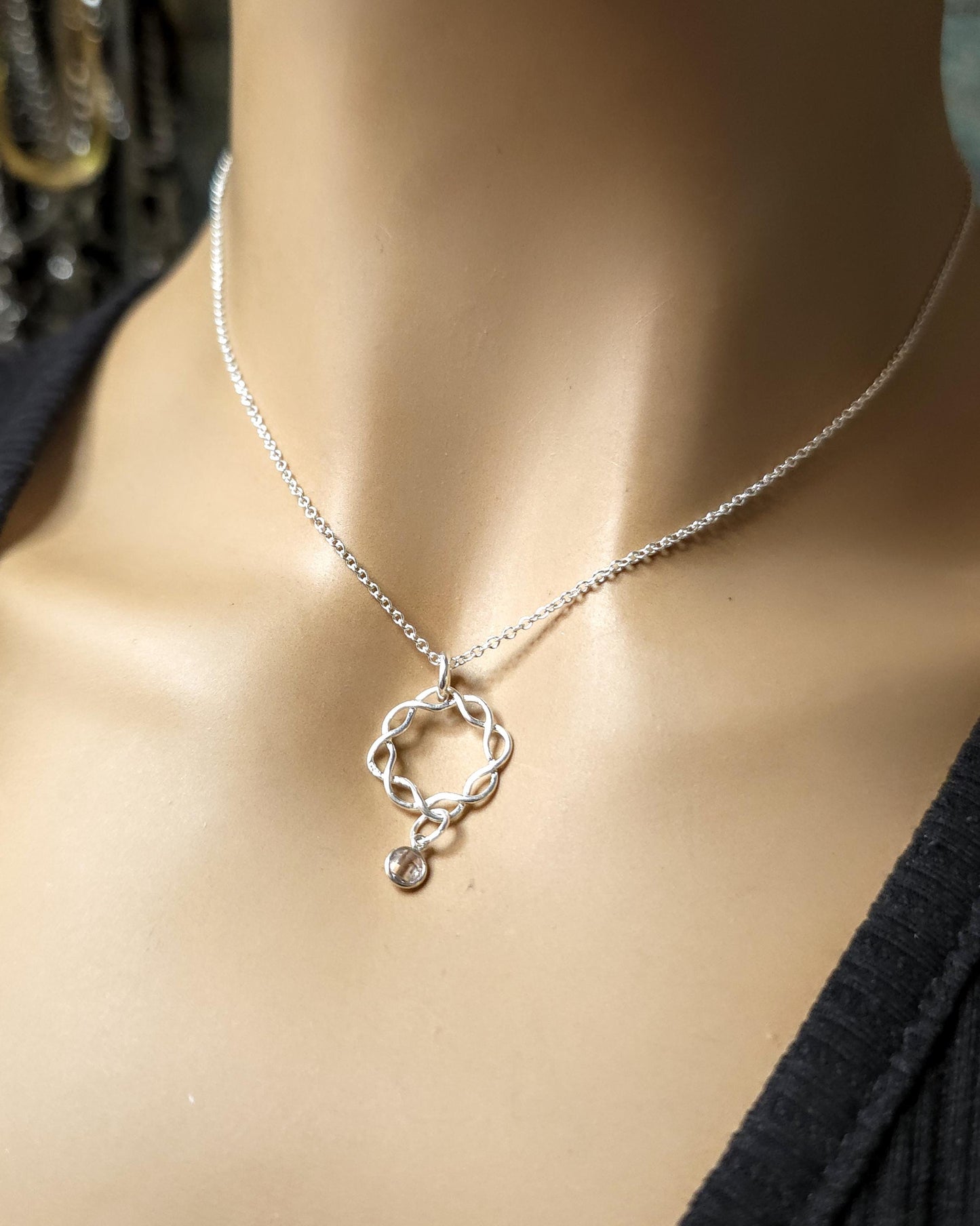 Sterling Silver Day Collar with Braided O Ring and Crystal Gem on Minimalist Dainty Chain