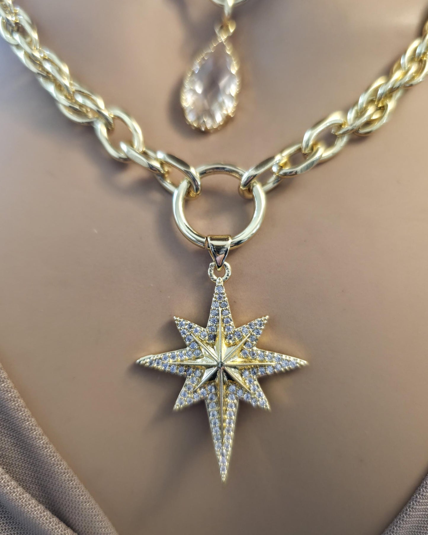 Gold Layered Necklace Set, North Star Pendant Necklace, Maximalist Chain Stack, Crystal Baguette