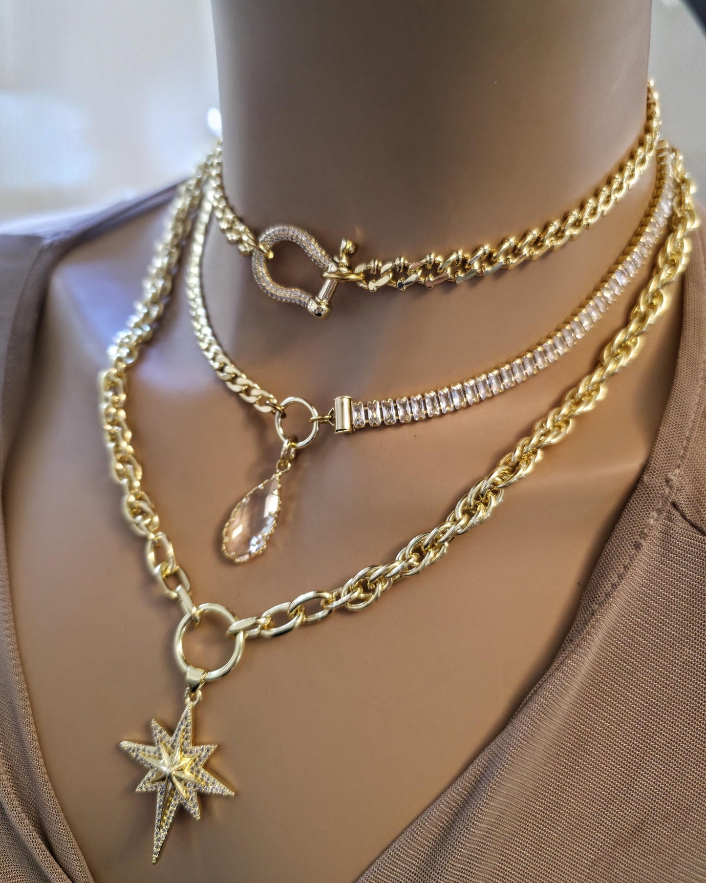 Gold Layered Necklace Set, North Star Pendant Necklace, Maximalist Chain Stack, Crystal Baguette