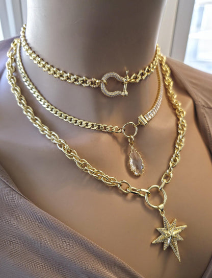 Gold Layered Necklace Set, North Star Pendant Necklace, Maximalist Chain Stack, Crystal Baguette