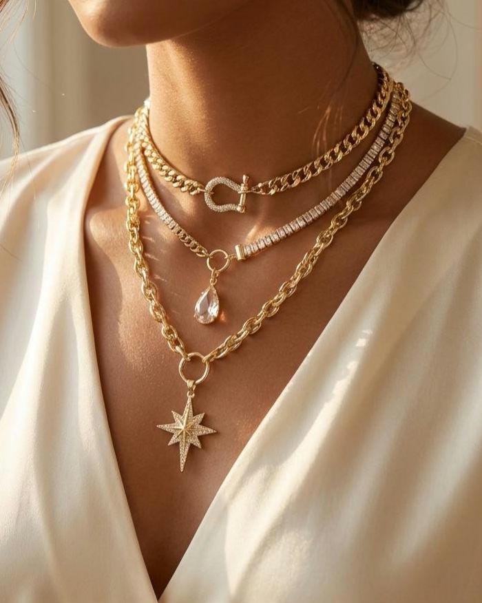 Gold Layered Necklace Set, North Star Pendant Necklace, Maximalist Chain Stack, Crystal Baguette