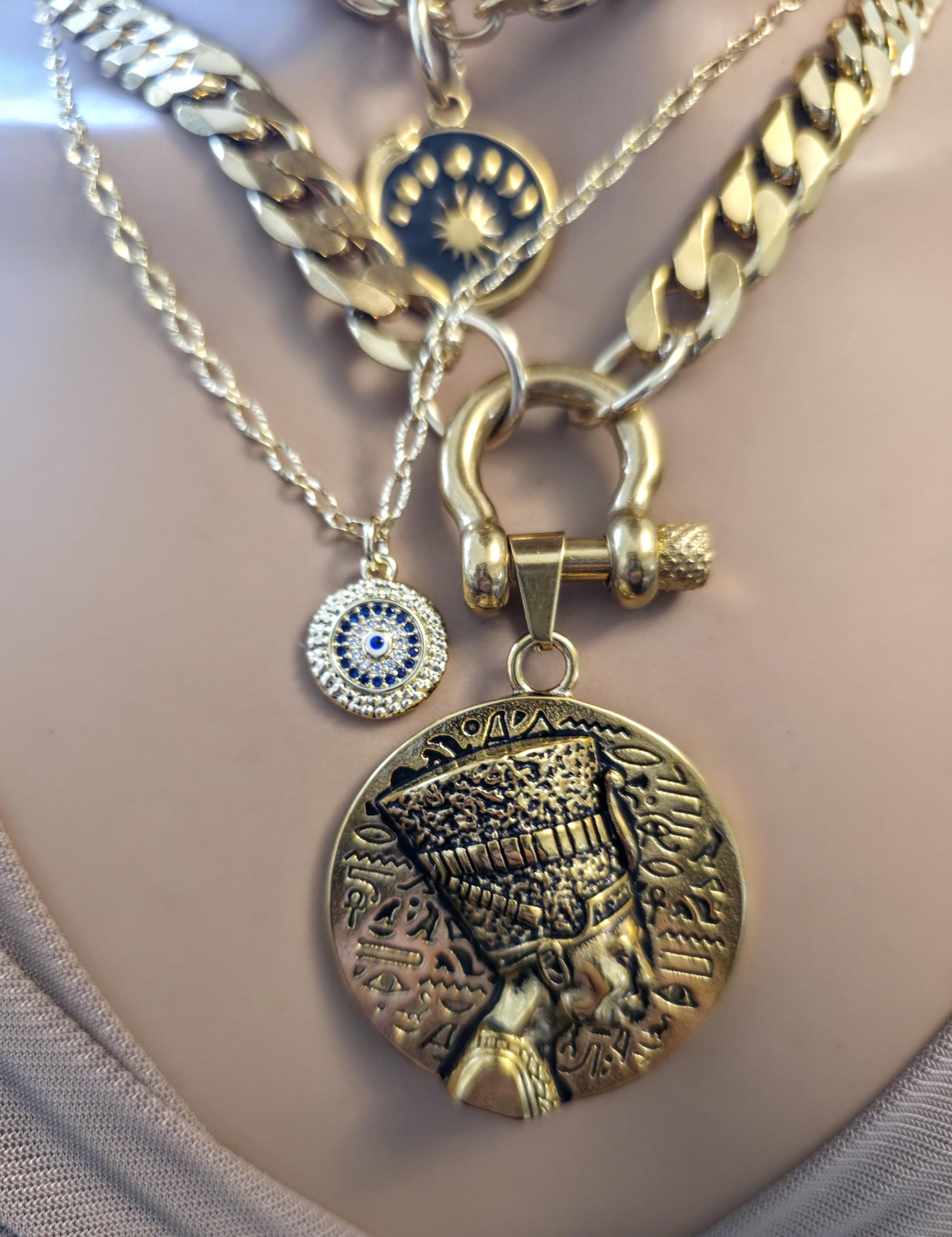 The Nefertiti Gold Maximalist Stack Necklace - Layered Queen Energy Goddess Statement Jewelry, Egyptian Medallion Pendant