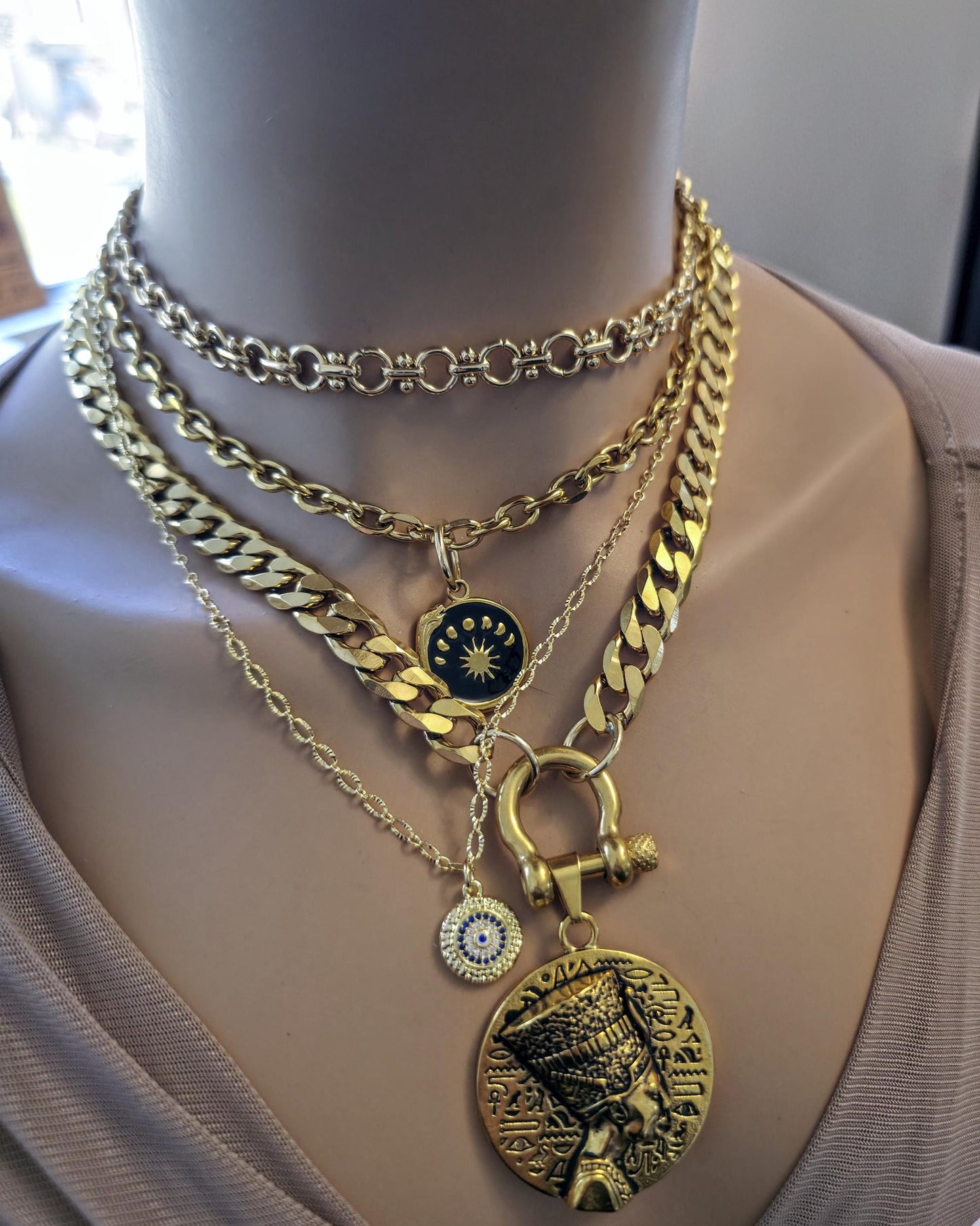 The Nefertiti Gold Maximalist Stack Necklace - Layered Queen Energy Goddess Statement Jewelry, Egyptian Medallion Pendant