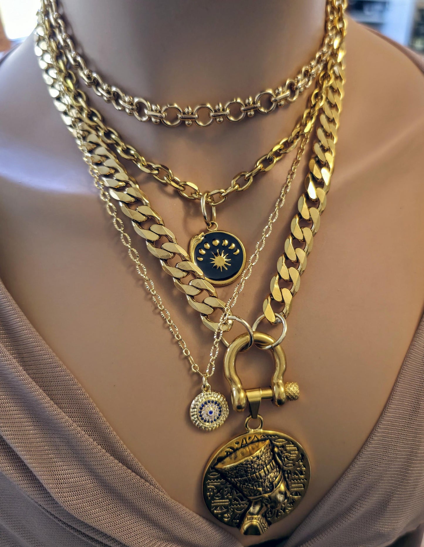 The Nefertiti Gold Maximalist Stack Necklace - Layered Queen Energy Goddess Statement Jewelry, Egyptian Medallion Pendant