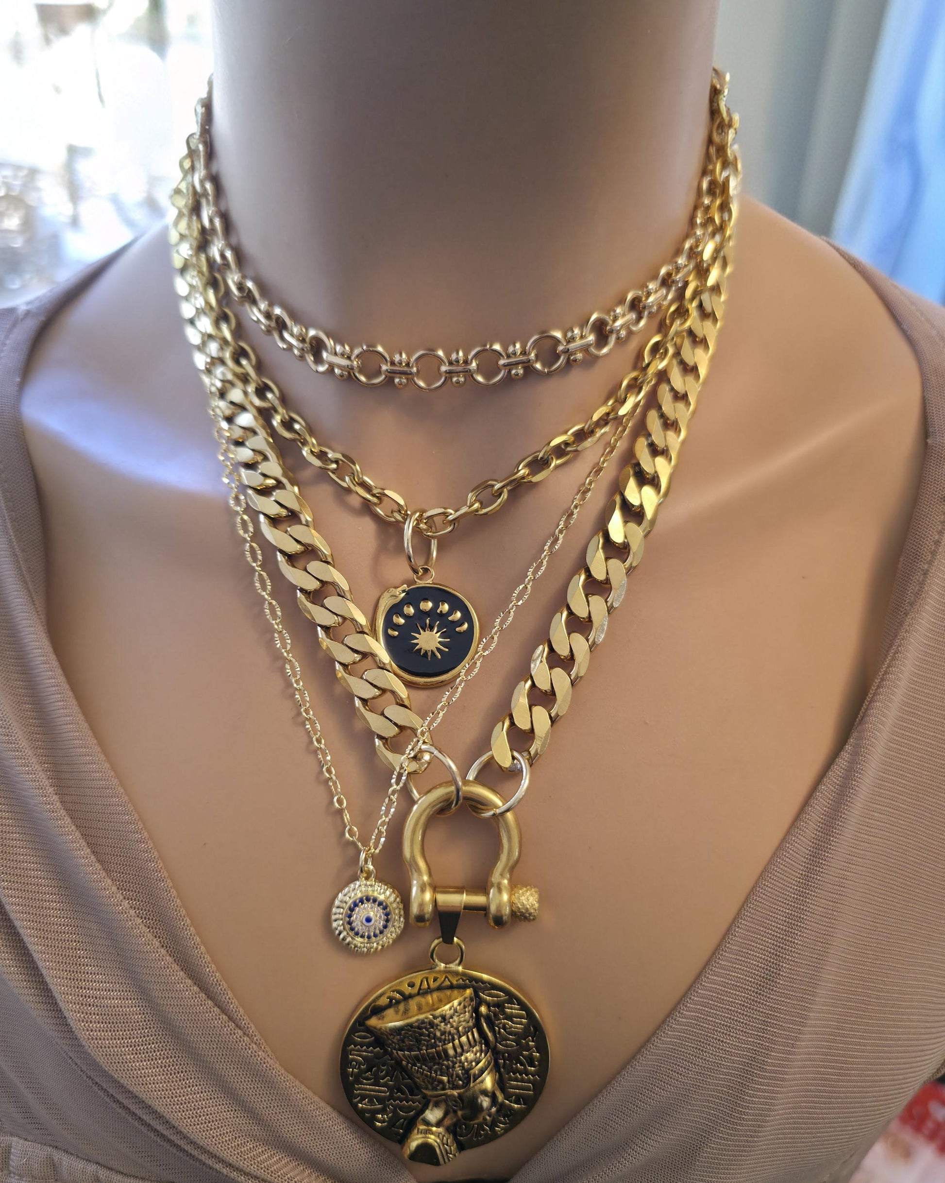 The Nefertiti Gold Maximalist Stack Necklace - Layered Queen Energy Goddess Statement Jewelry, Egyptian Medallion Pendant