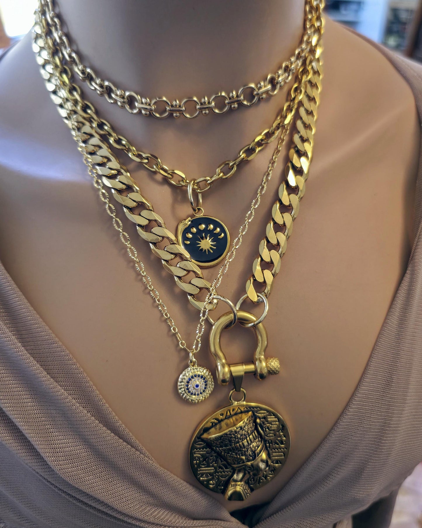 The Nefertiti Gold Maximalist Stack Necklace - Layered Queen Energy Goddess Statement Jewelry, Egyptian Medallion Pendant