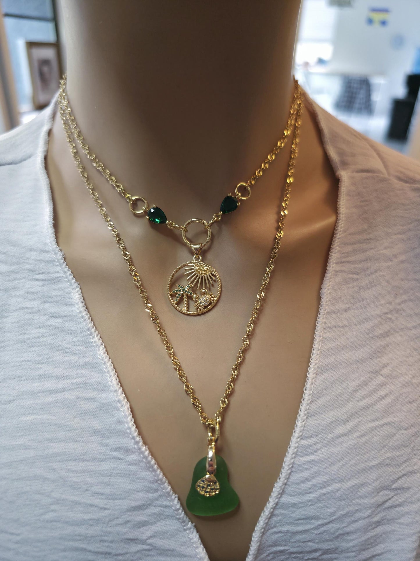 Pacific Green Genuine Sea Glass Layering Necklace With Tropical Crab Pendant - Gold Plated Steel