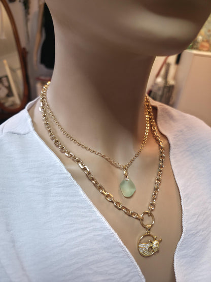 Pacific Shore Sea Glass Layering Necklace with Wave & Turtle Pendant - Gold Plated Steel