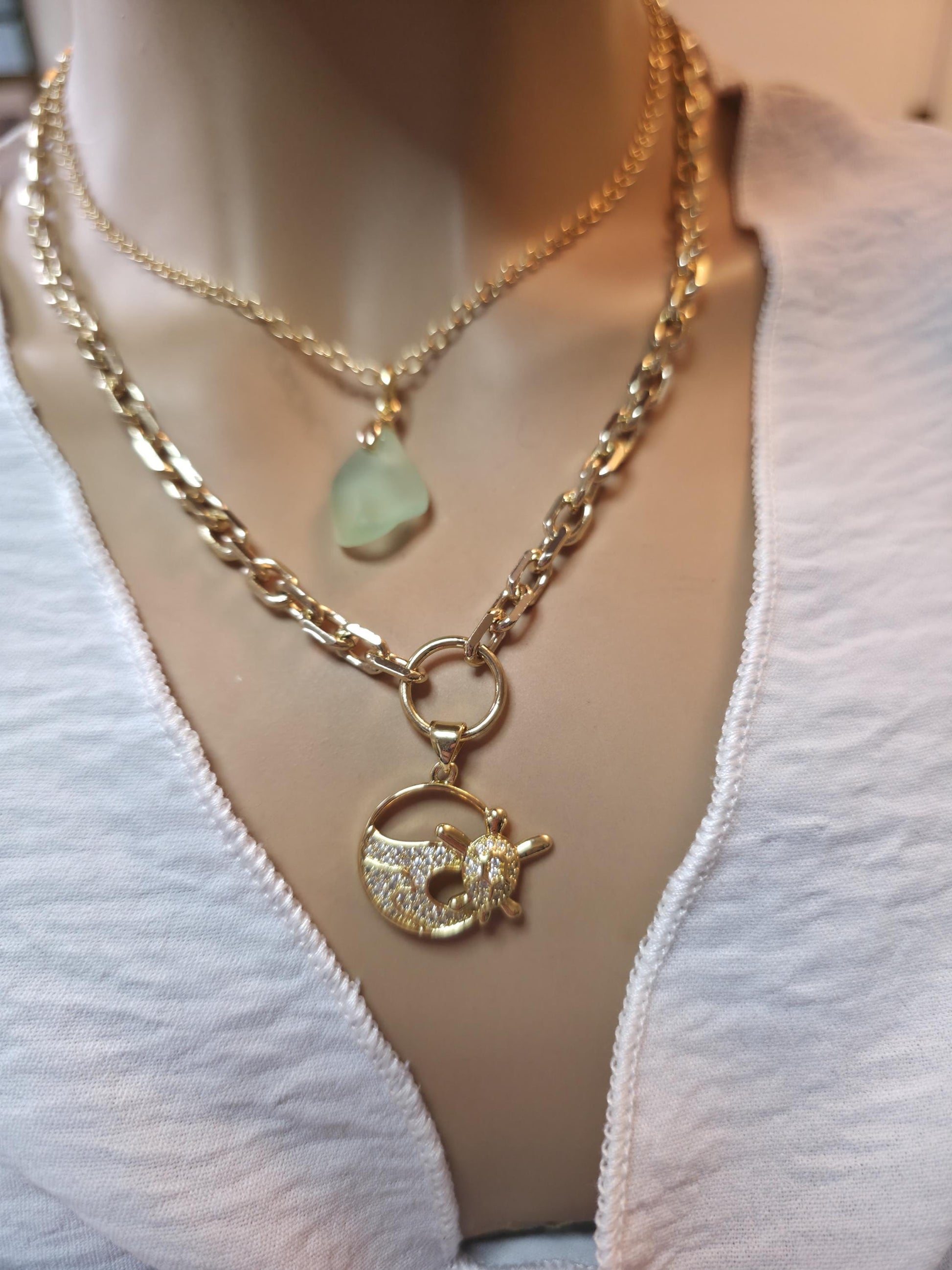 Pacific Shore Sea Glass Layering Necklace with Wave & Turtle Pendant - Gold Plated Steel