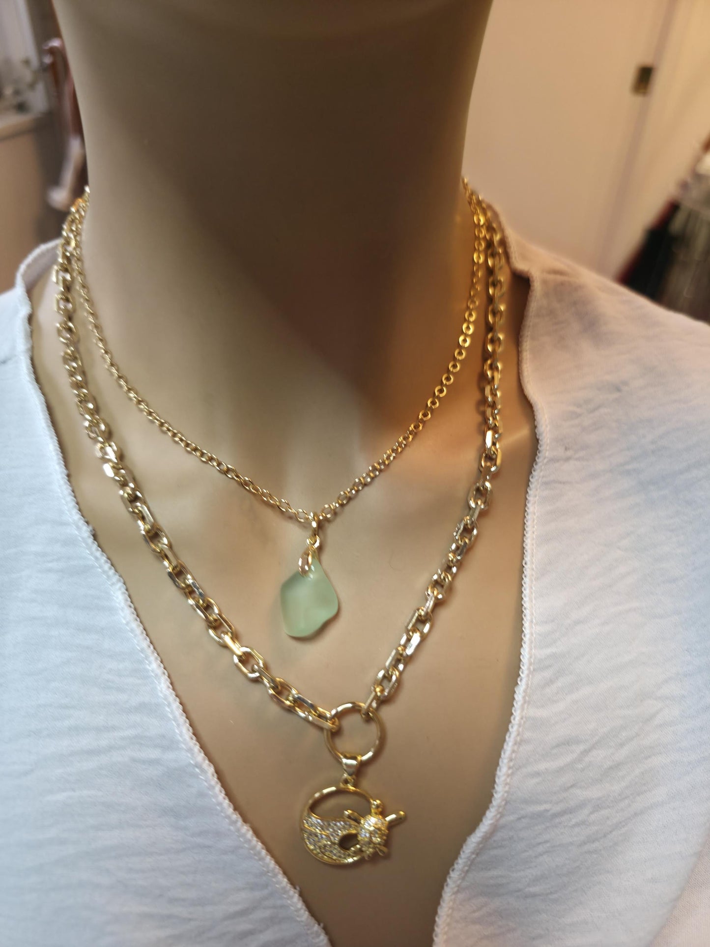 Pacific Shore Sea Glass Layering Necklace with Wave & Turtle Pendant - Gold Plated Steel