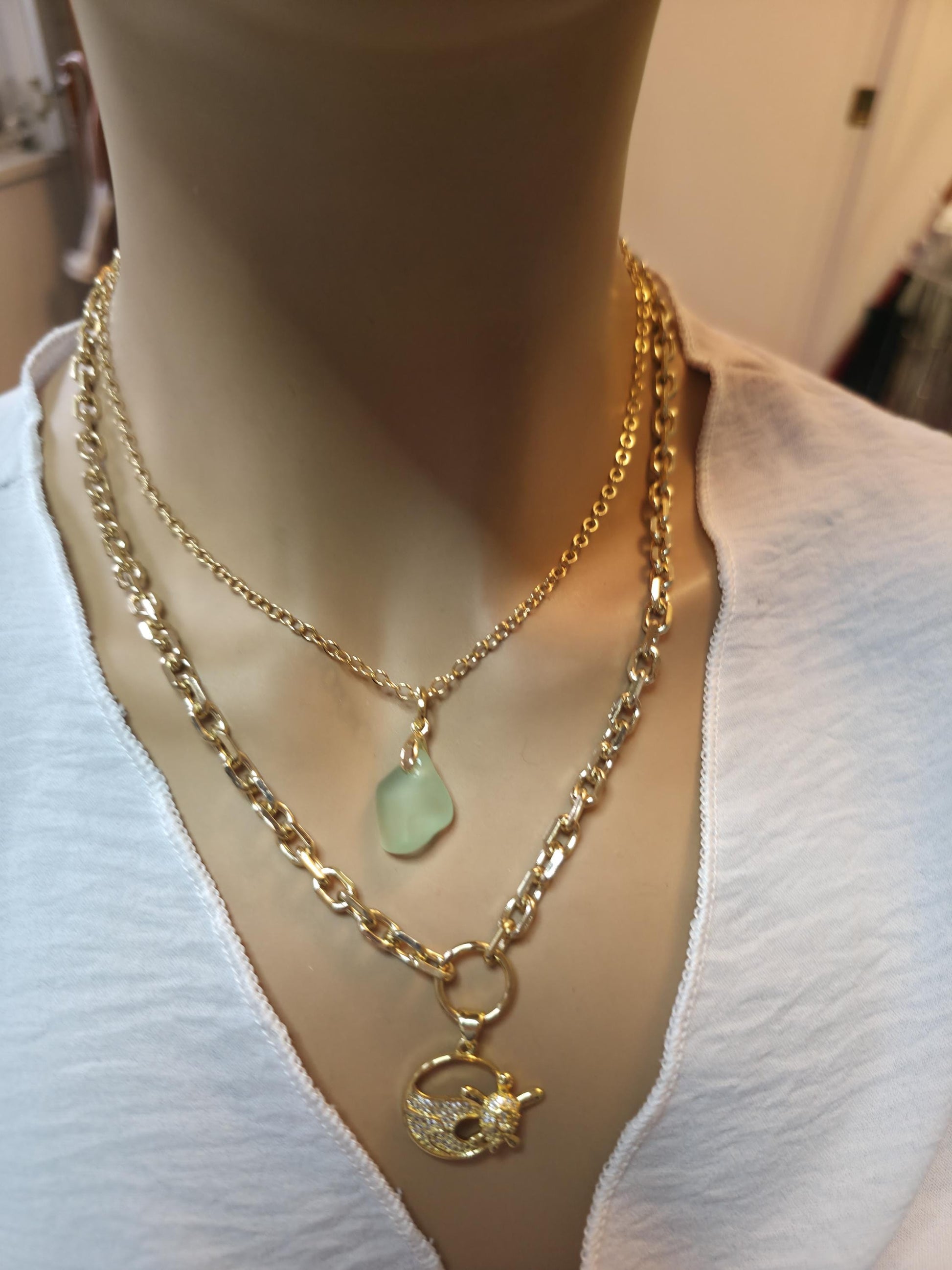 Pacific Shore Sea Glass Layering Necklace with Wave & Turtle Pendant - Gold Plated Steel