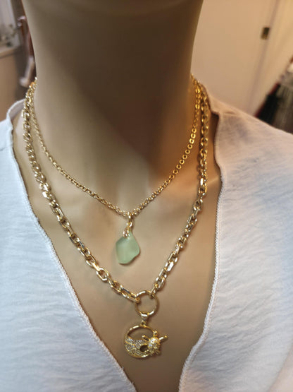 Pacific Shore Sea Glass Layering Necklace with Wave & Turtle Pendant - Gold Plated Steel