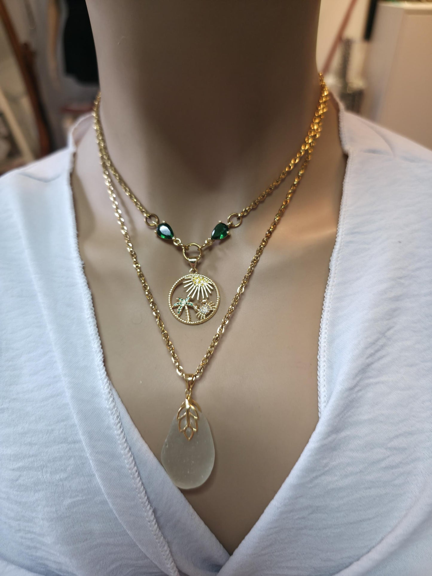 Pacific Genuine Sea Glass Layered Necklace with Tropical Crab Pendant - Gold Plated Steel Ocean Jewelry