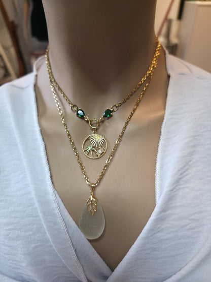 Pacific Genuine Sea Glass Layered Necklace with Tropical Crab Pendant - Gold Plated Steel Ocean Jewelry