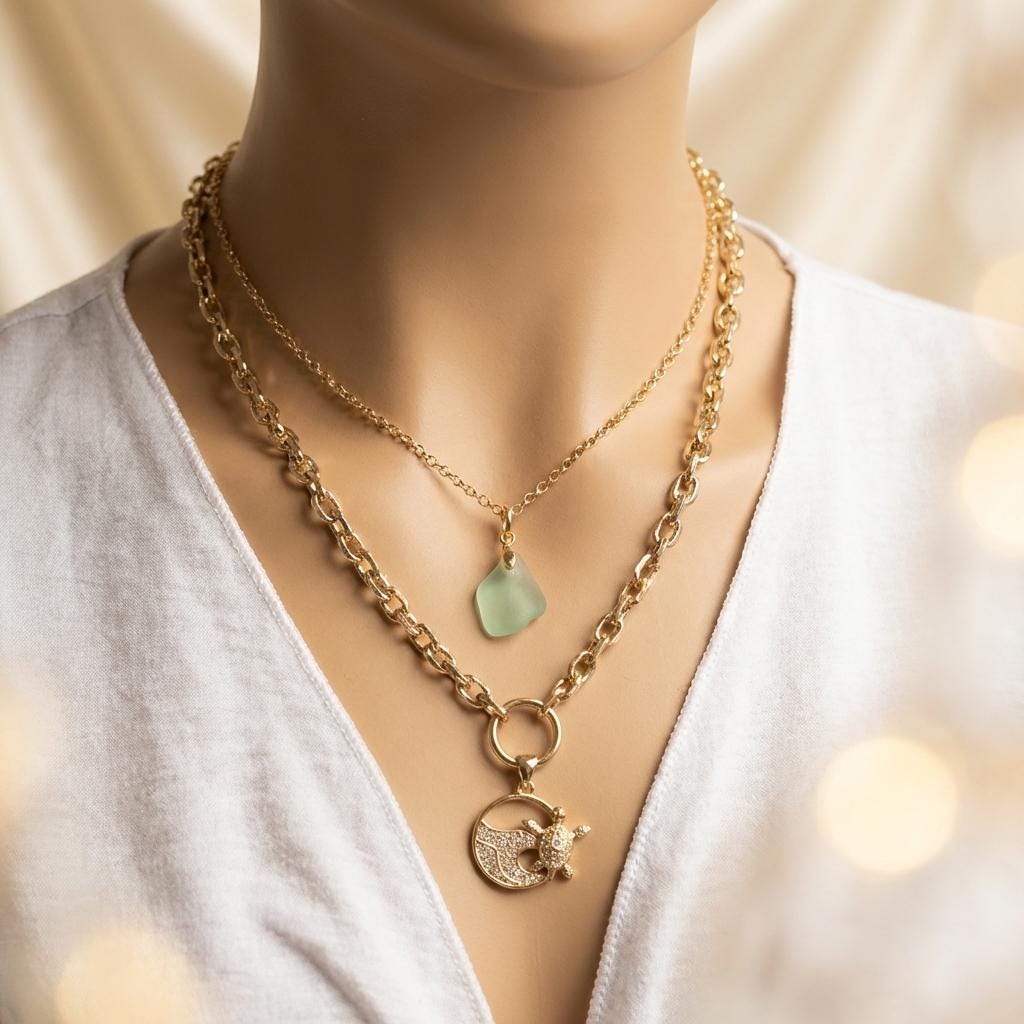 Pacific Shore Sea Glass Layering Necklace with Wave & Turtle Pendant - Gold Plated Steel
