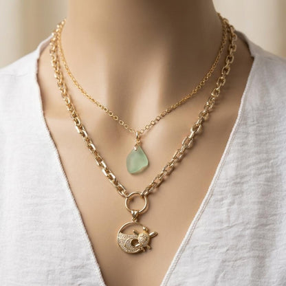 Pacific Shore Sea Glass Layering Necklace with Wave & Turtle Pendant - Gold Plated Steel