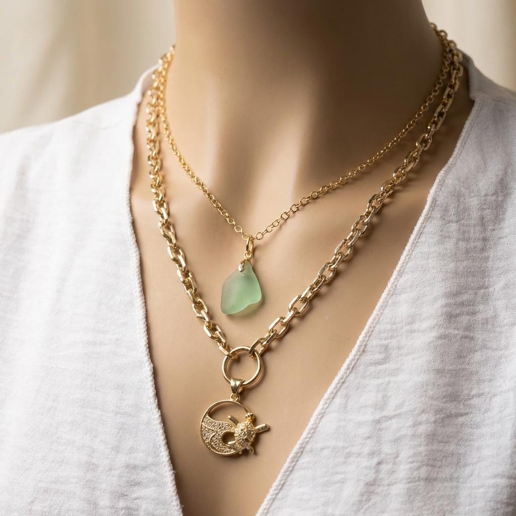 Pacific Shore Sea Glass Layering Necklace with Wave & Turtle Pendant - Gold Plated Steel