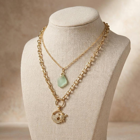 Pacific Shore Sea Glass Layering Necklace with Wave & Turtle Pendant - Gold Plated Steel