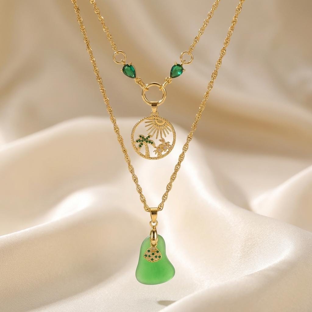 Pacific Green Genuine Sea Glass Layering Necklace With Tropical Crab Pendant - Gold Plated Steel
