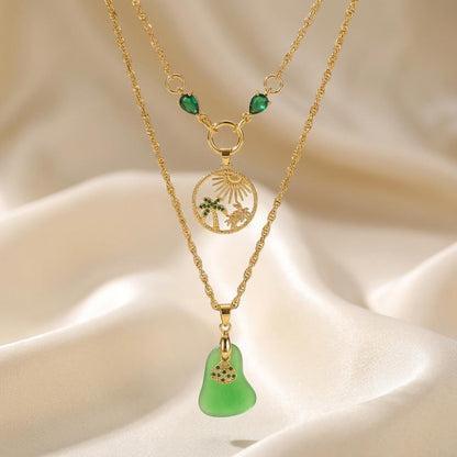 Pacific Green Genuine Sea Glass Layering Necklace With Tropical Crab Pendant - Gold Plated Steel