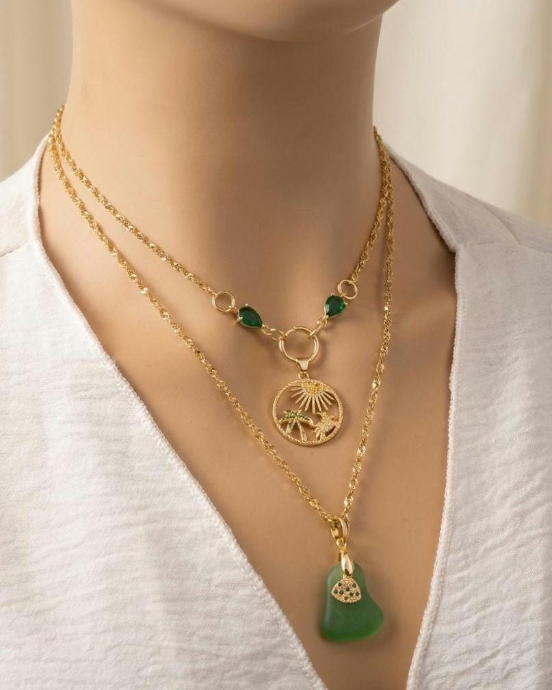 Pacific Green Genuine Sea Glass Layering Necklace With Tropical Crab Pendant - Gold Plated Steel