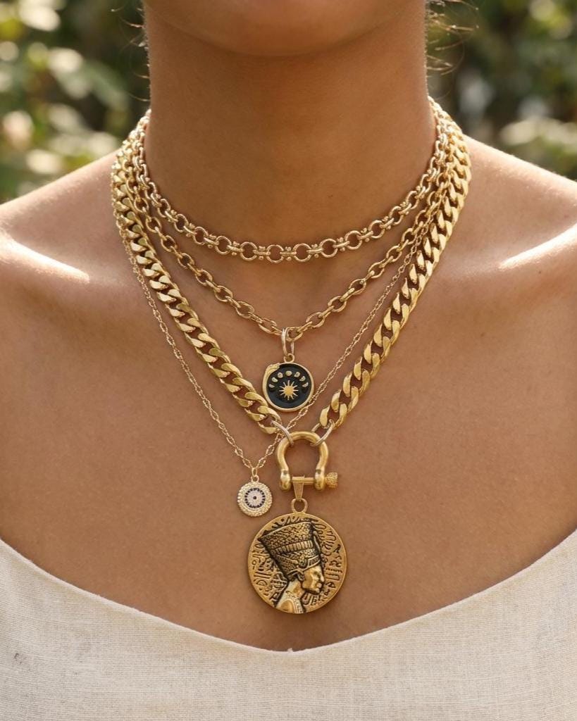 The Nefertiti Gold Maximalist Stack Necklace - Layered Queen Energy Goddess Statement Jewelry, Egyptian Medallion Pendant