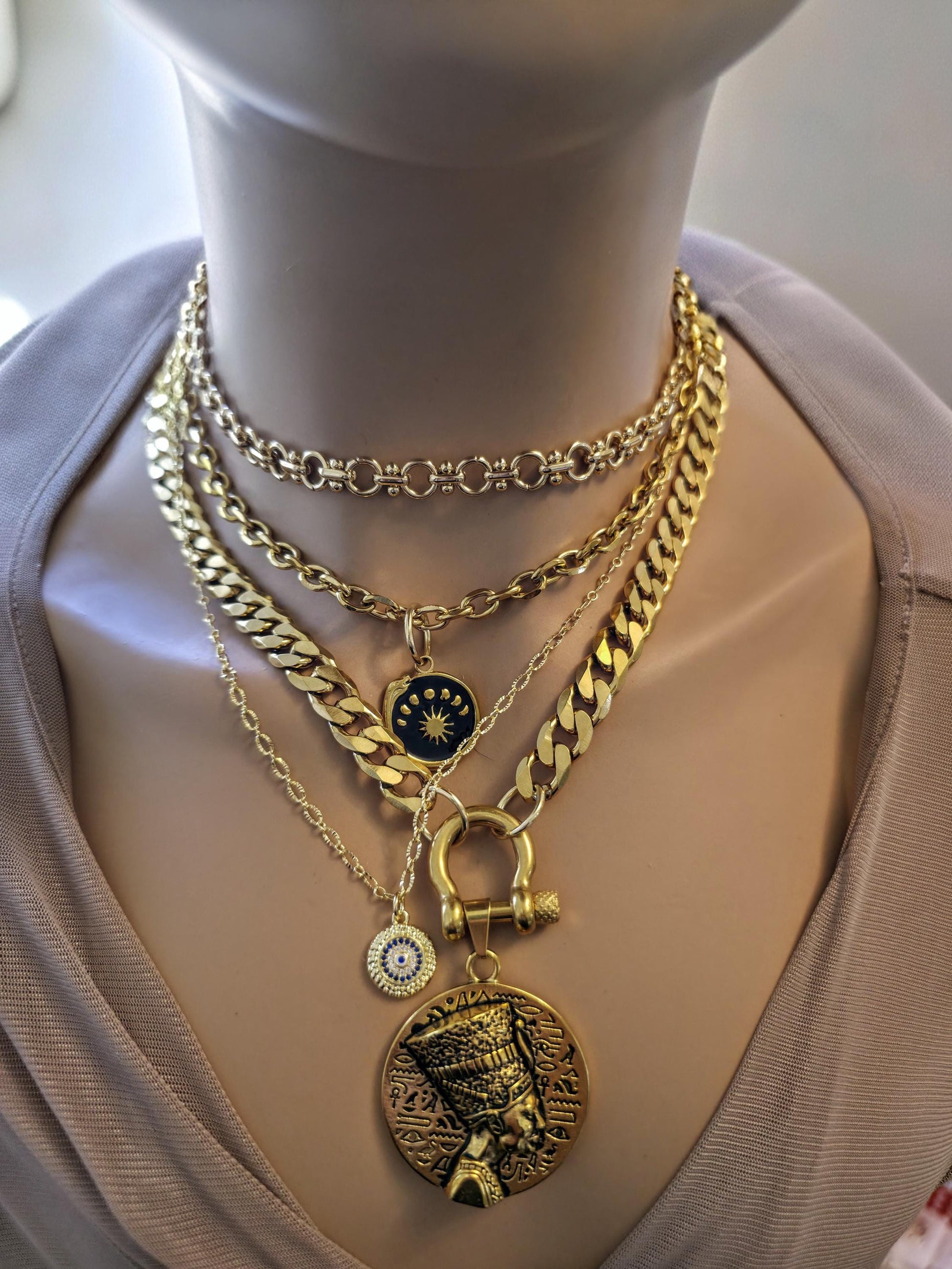 The Nefertiti Gold Maximalist Stack Necklace - Layered Queen Energy Goddess Statement Jewelry, Egyptian Medallion Pendant