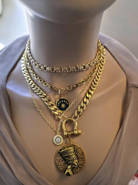 The Nefertiti Gold Maximalist Stack Necklace - Layered Queen Energy Goddess Statement Jewelry, Egyptian Medallion Pendant