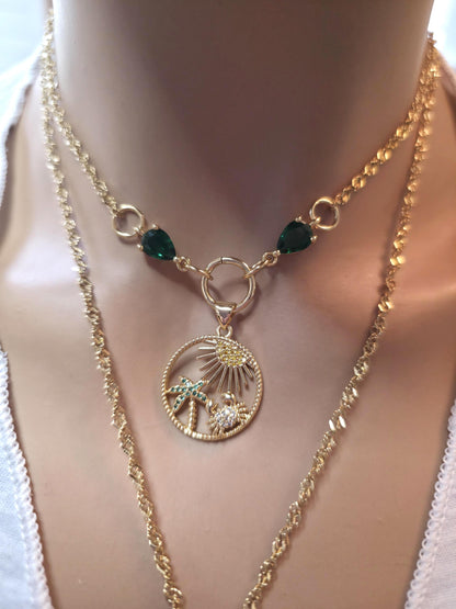 Pacific Green Genuine Sea Glass Layering Necklace With Tropical Crab Pendant - Gold Plated Steel