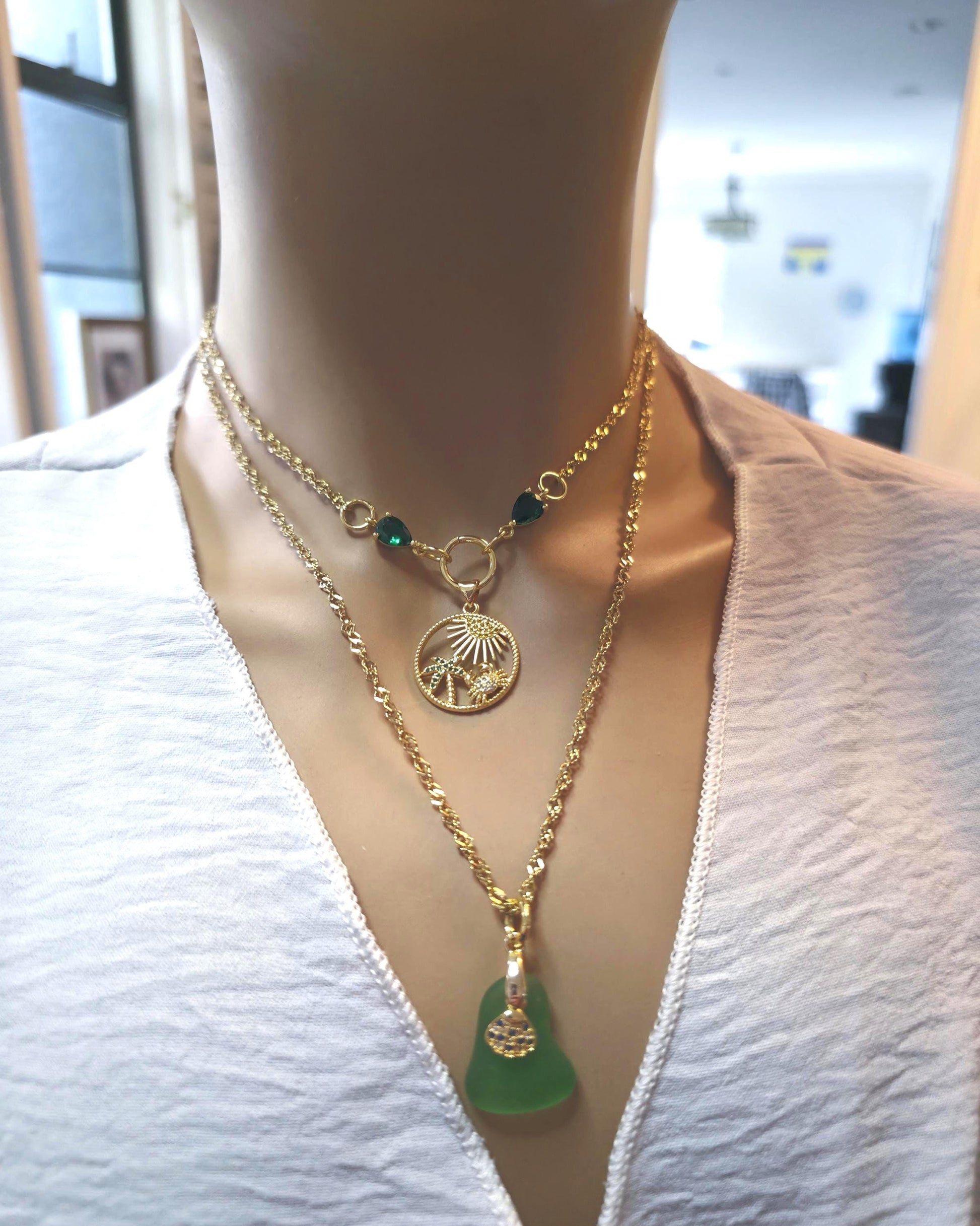 Pacific Green Genuine Sea Glass Layering Necklace With Tropical Crab Pendant - Gold Plated Steel