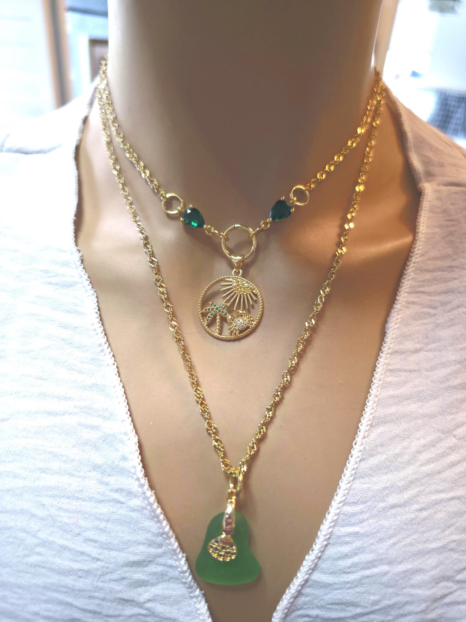 Pacific Green Genuine Sea Glass Layering Necklace With Tropical Crab Pendant - Gold Plated Steel