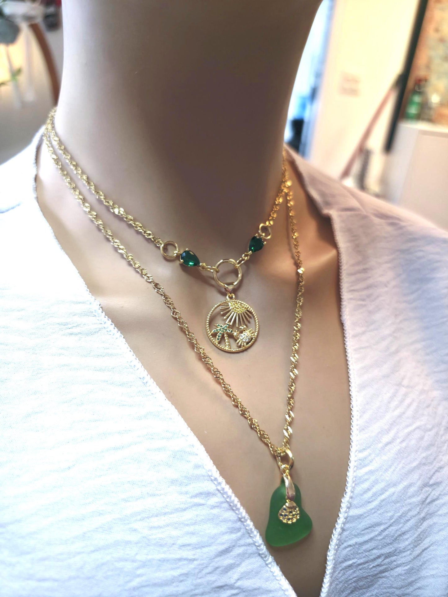 Pacific Green Genuine Sea Glass Layering Necklace With Tropical Crab Pendant - Gold Plated Steel