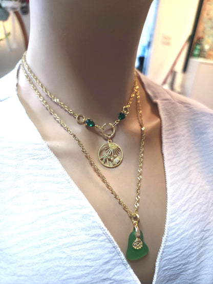 Pacific Green Genuine Sea Glass Layering Necklace With Tropical Crab Pendant - Gold Plated Steel