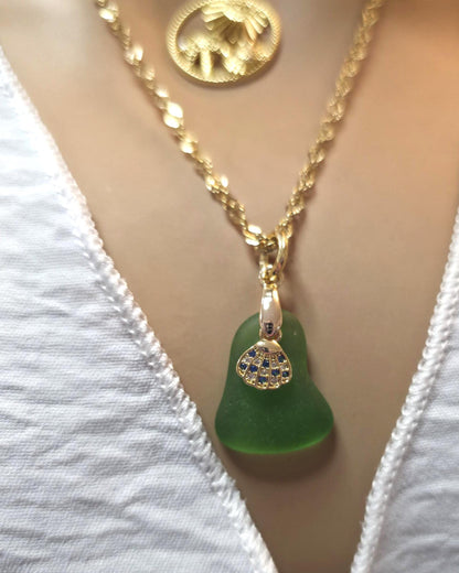 Pacific Green Genuine Sea Glass Layering Necklace With Tropical Crab Pendant - Gold Plated Steel