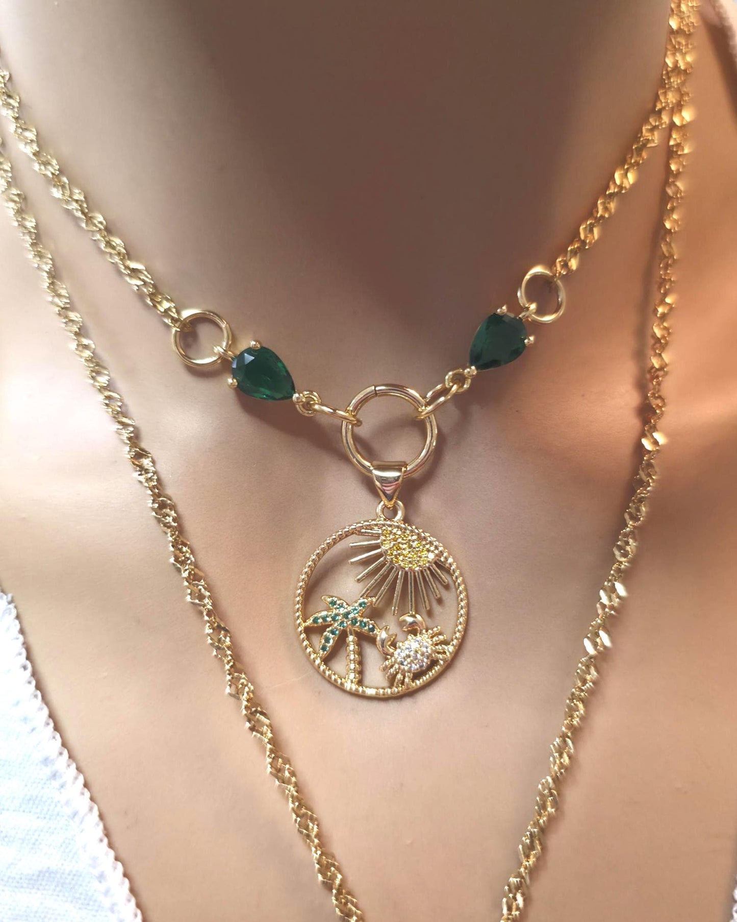 Pacific Green Genuine Sea Glass Layering Necklace With Tropical Crab Pendant - Gold Plated Steel