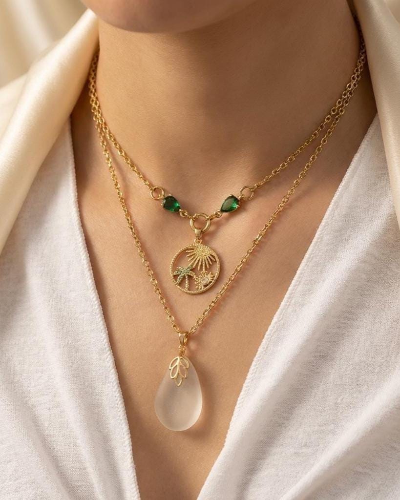 Pacific Genuine Sea Glass Layered Necklace with Tropical Crab Pendant - Gold Plated Steel Ocean Jewelry