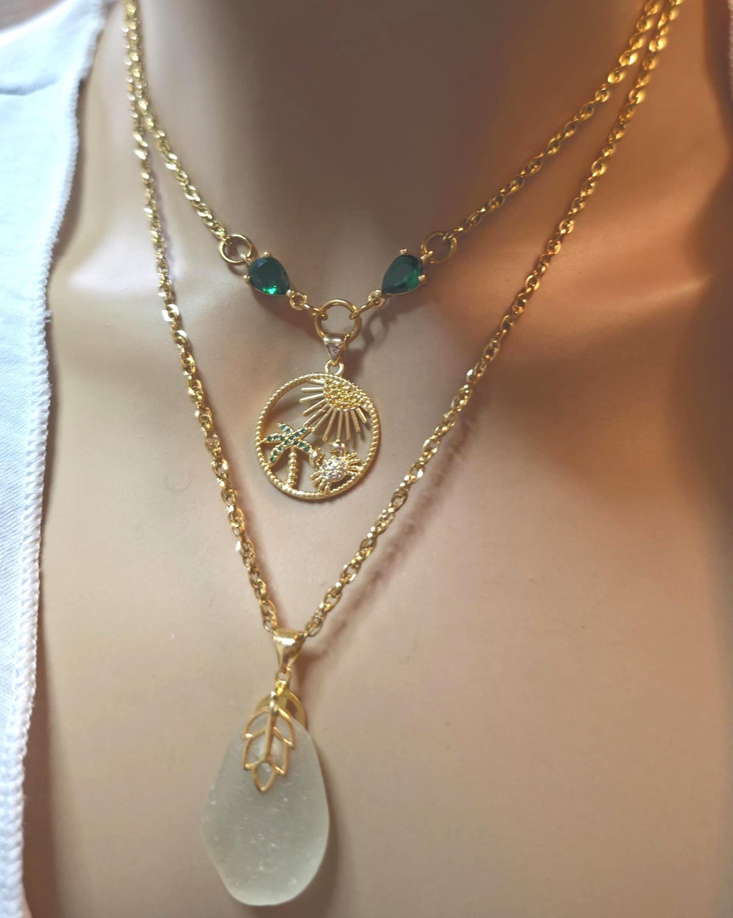 Pacific Genuine Sea Glass Layered Necklace with Tropical Crab Pendant - Gold Plated Steel Ocean Jewelry