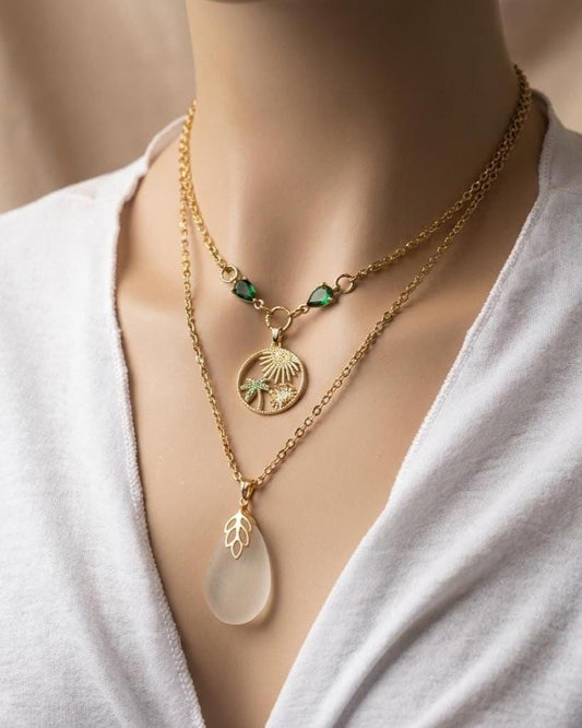 Pacific Genuine Sea Glass Layered Necklace with Tropical Crab Pendant - Gold Plated Steel Ocean Jewelry