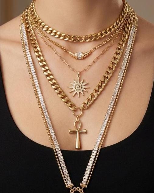 Egyptian Layered Necklace Set -- Falcon of Horus CZ Pendant and Gold Festoon Stack - 18K Gold Plated Ankh Sun Necklace - Maximalist Jewelry