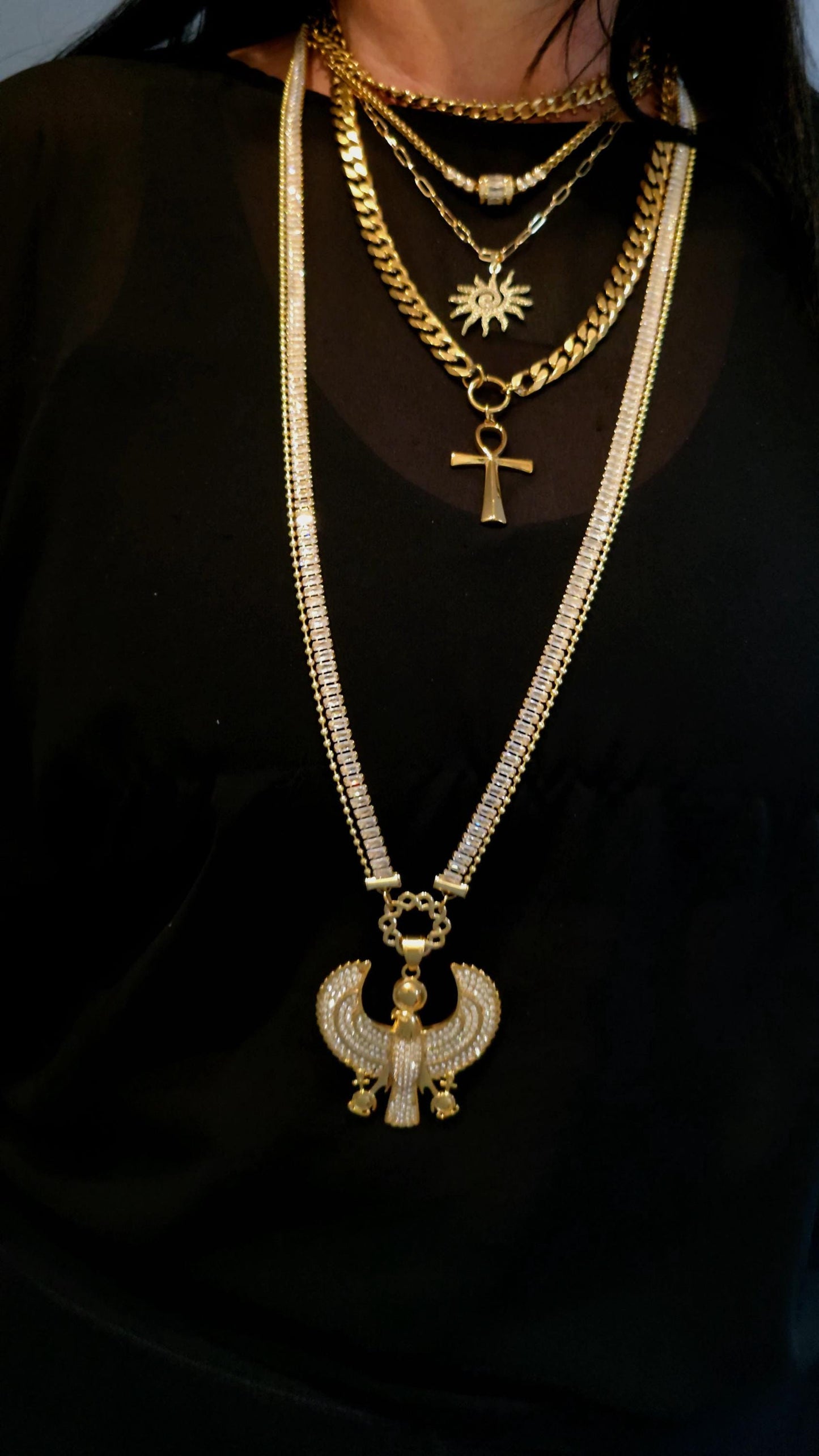 Egyptian Layered Necklace Set -- Falcon of Horus CZ Pendant and Gold Festoon Stack - 18K Gold Plated Ankh Sun Necklace - Maximalist Jewelry