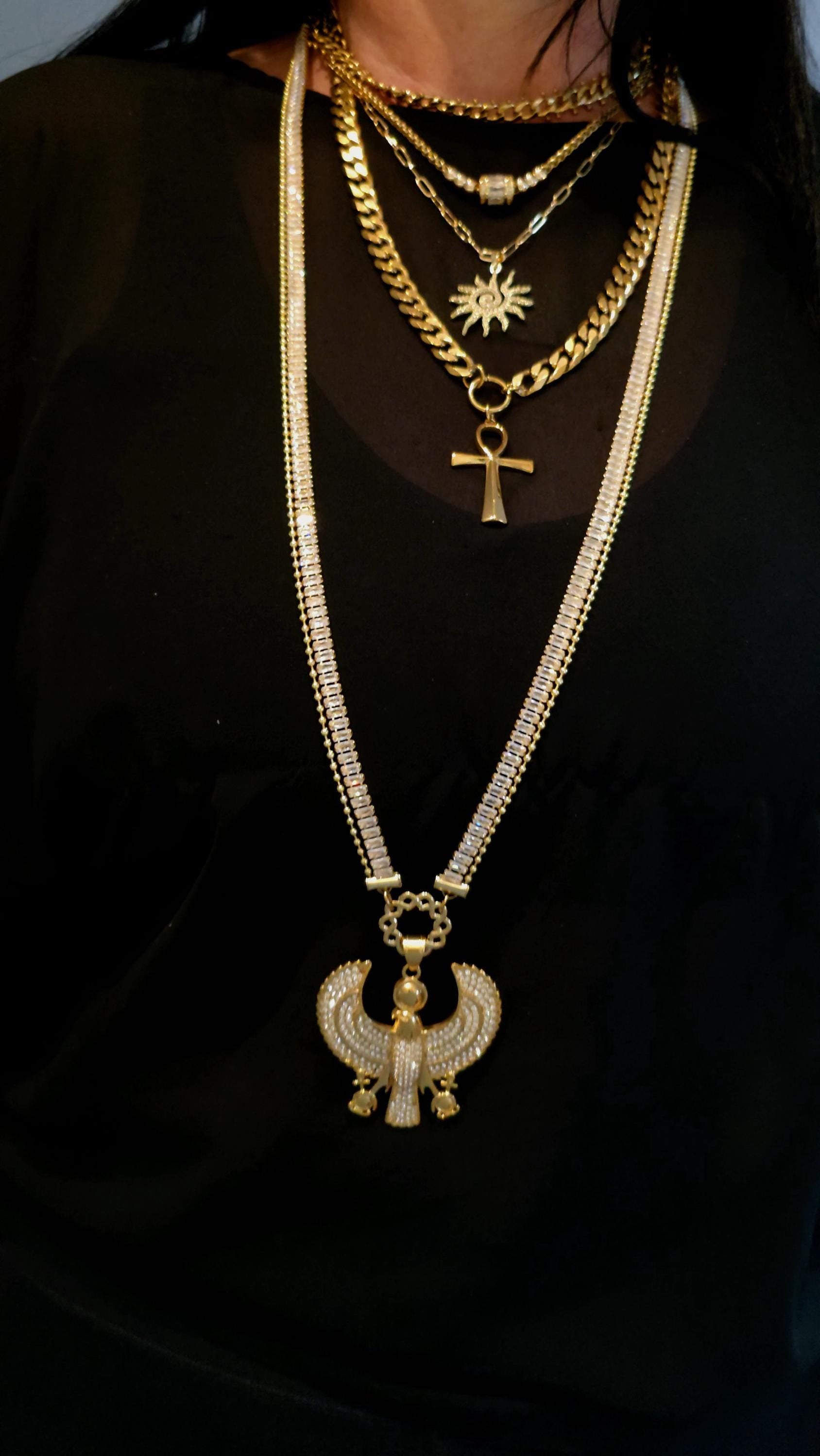 Egyptian Layered Necklace Set -- Falcon of Horus CZ Pendant and Gold Festoon Stack - 18K Gold Plated Ankh Sun Necklace - Maximalist Jewelry