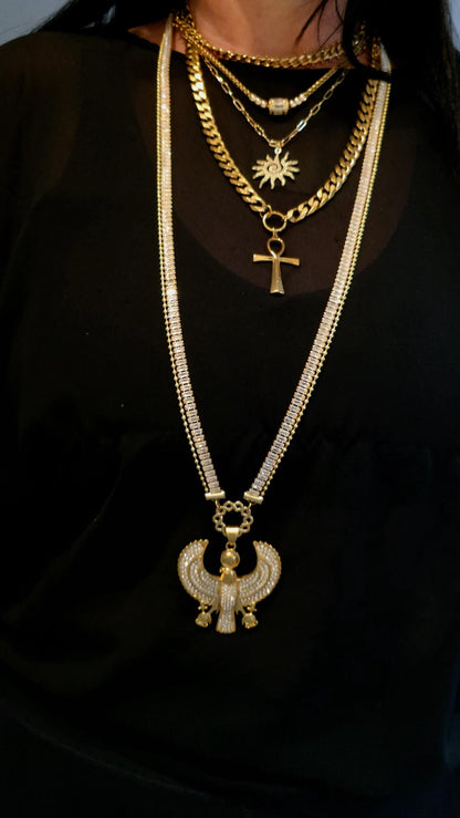 Egyptian Layered Necklace Set -- Falcon of Horus CZ Pendant and Gold Festoon Stack - 18K Gold Plated Ankh Sun Necklace - Maximalist Jewelry