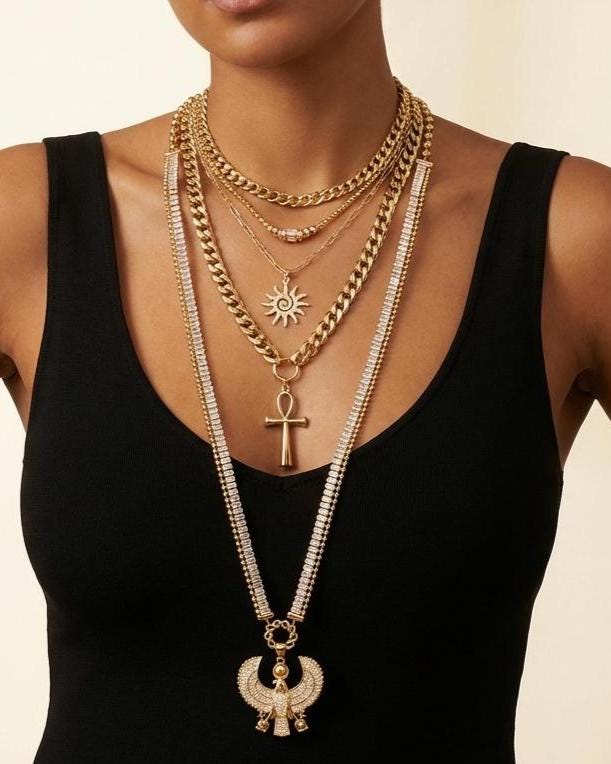 Egyptian Layered Necklace Set -- Falcon of Horus CZ Pendant and Gold Festoon Stack - 18K Gold Plated Ankh Sun Necklace - Maximalist Jewelry