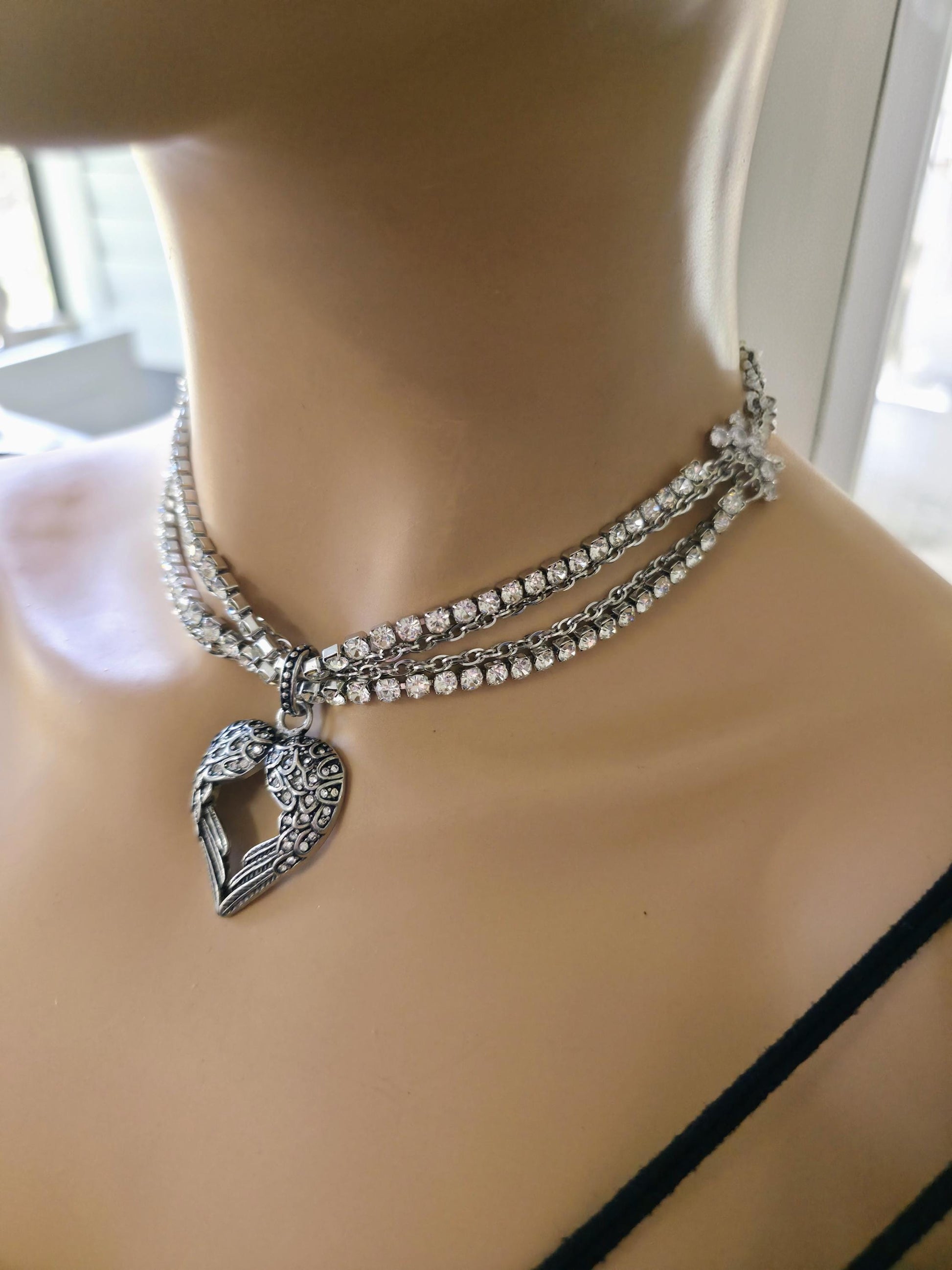 Angel Wing Heart Necklace Triple Strand Rhinestone Choker - Statement Jewelry - Gothic Wedding Jewelry
