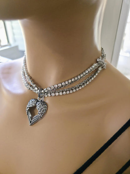 Angel Wing Heart Necklace Triple Strand Rhinestone Choker - Statement Jewelry - Gothic Wedding Jewelry