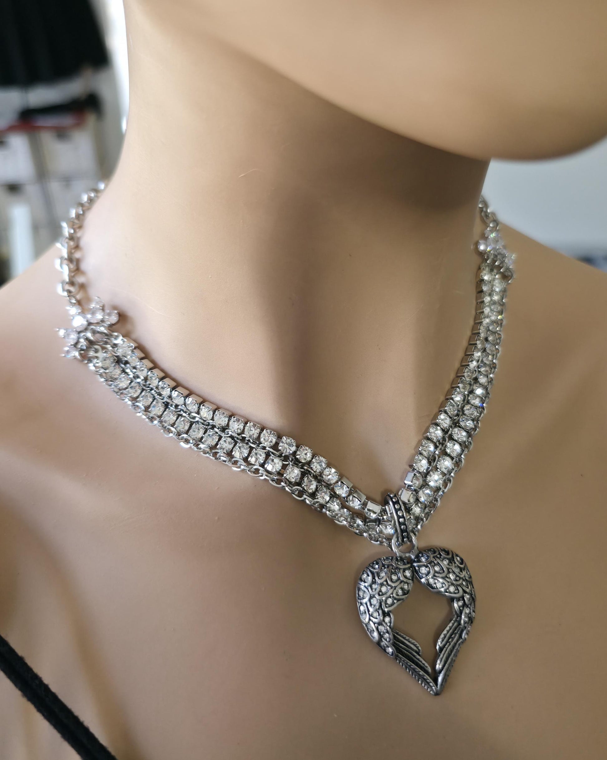 Angel Wing Heart Necklace Triple Strand Rhinestone Choker - Statement Jewelry - Gothic Wedding Jewelry