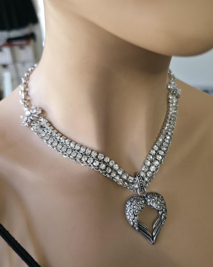 Angel Wing Heart Necklace Triple Strand Rhinestone Choker - Statement Jewelry - Gothic Wedding Jewelry