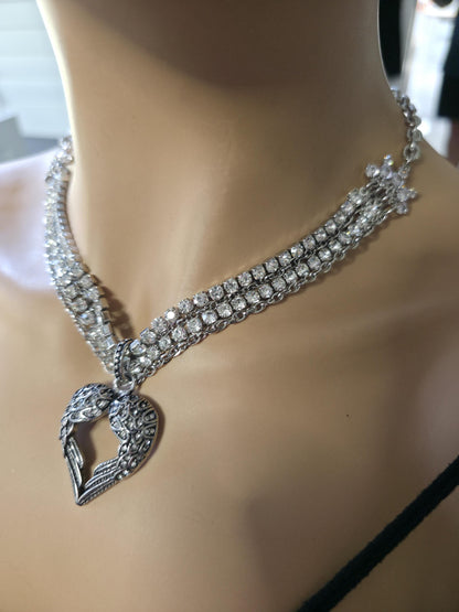 Angel Wing Heart Necklace Triple Strand Rhinestone Choker - Statement Jewelry - Gothic Wedding Jewelry