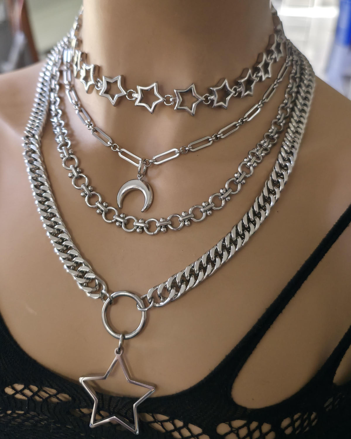 Stainless Steel Layered Star Necklace Set, Star Choker and Crescent Moon Chain, Gothic Celestial Necklace, Two Piece Layered Necklace