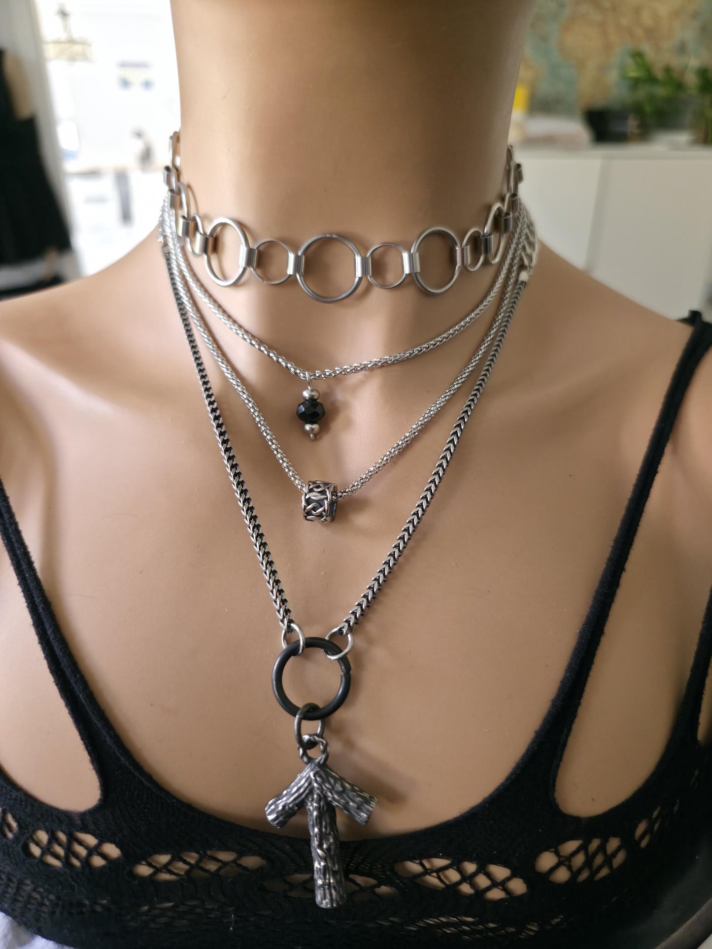 Norse Layered Necklace Set with Tiwaz Warrior Rune Pendant & Obsidian Protection Stone - Handwoven Chainmail Choker Steel Viking Jewelry